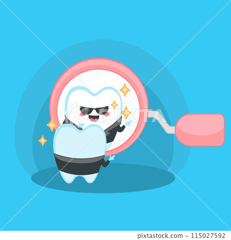 Kawaii cool tooth cartoon character looking into dental isnpection mirror 115027592