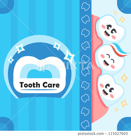 Kids dental care poster design with cute tooth characters 115027603