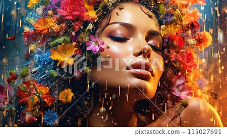 woman with flowers in her hairs 115027691
