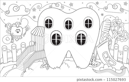 Cute kawaii tooth shaped house with tooth fairy flying to home coloring page 115027693