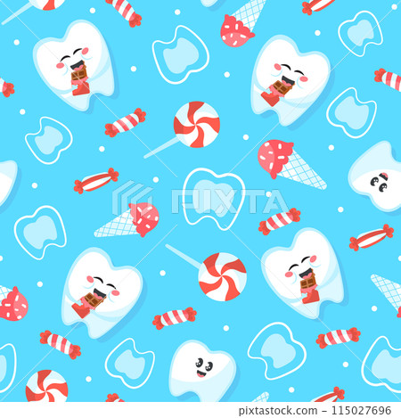 Kawaii seamless pattern with cute tooth character with sugar sweets 115027696