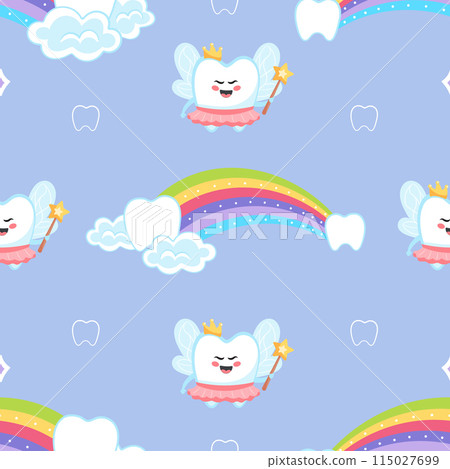 Kawaii sweet seamless pattern with cute rainbow and tooth fairy character Kawaii sweet seamless pattern with cute rainbow and tooth fairy character 115027699