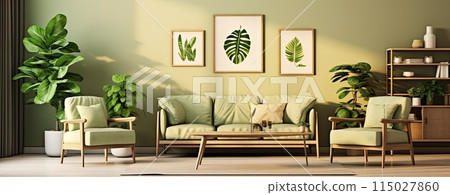Wooden table with green armchair and sofa in natural living room filled with plant and leaf posters 115027860