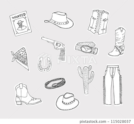 Set of cowboy objects. Collection of wild-west items boots, cactus, horseshoe, cowboy hat, boots, gun, and bandana. Western theme. Hand-drawn vector illustration 115028037