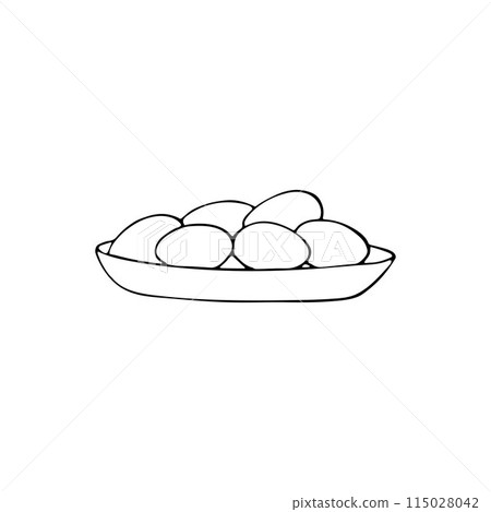 Eggs in a plate sketch. Hand-drawn farming food. Fresh eggs, outline icons. Rural natural bird farming. Poultry business. Eggs in a plate sketch. Hand-drawn farming food. Fresh eggs, outline icons. Rural natural bird farming. Poultry business. 115028042
