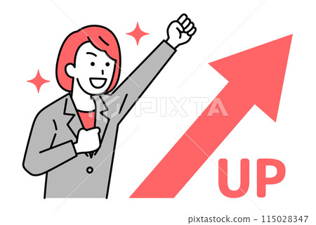A woman in a suit is happy with an arrow pointing up and a fist pump 115028347