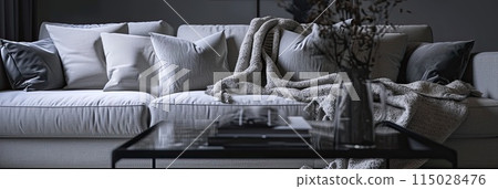 grey couch with blanket - simple interior with bright grey couch 115028476