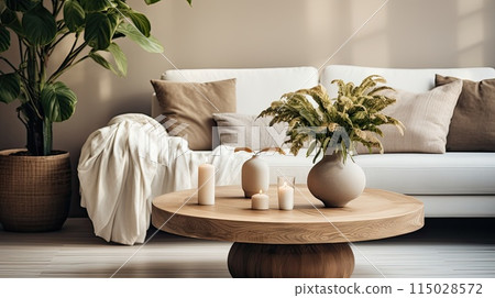 Minimal living room with wooden coffee table 115028572