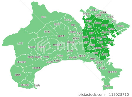 Dividable map of Kanagawa prefecture with ward, city, town and village names 115028710