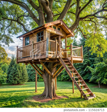 Artistic cottage built on tree with stairs, blending into natural landscape 115028713