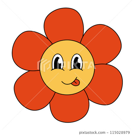 Retro 70s 60s 80s Hippie Groovy cute Red Flower. Smiling face with tongue. Flower power element. Vector illustration isolated on a white background. 115028979
