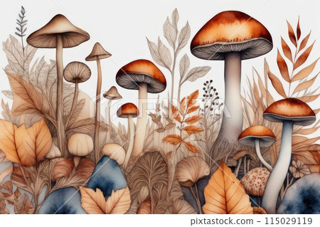 Enchanting autumn forest fungi and flora, magical discoveries in watercolor style. 115029119
