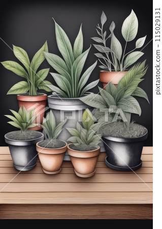 A row of houseplants in flowerpots on a wooden table in front of a blackboard. A row of houseplants in flowerpots on a wooden table in front of a blackboard. 115029131
