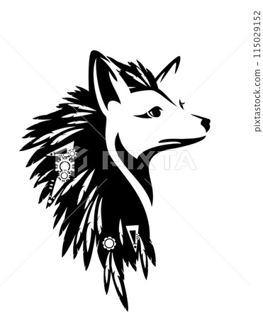 fox with tribal feather decor profile head black and white vector portrait 115029152