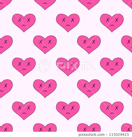 Seamless Pattern with hearts of sadness, dead in emo style. Y2k. Pink weird gloomy hearts. Anti Valentine Day. Vector flat illustration. Seamless Pattern with hearts of sadness, dead in emo style. Y2k. Pink weird gloomy hearts. Anti Valentine Day. Vector flat illustration. 115029423