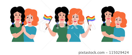 LGBT concept. Lesbian married couple. Women Holding multicolored flag Pride Parade and hugging. Vector illustration in flat style. 115029424