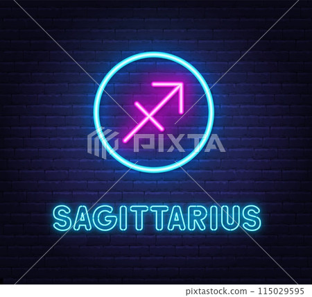 Neon Sagittarius Sign on brick wall background. Neon Sagittarius Sign on brick wall background. 115029595