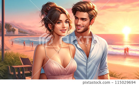 Couple dating on the beach at sunset Couple dating on the beach at sunset 115029694