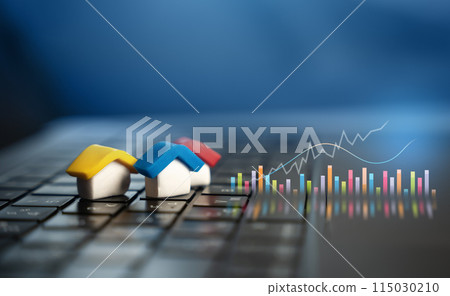 Houses and hologram graphics. Real estate market. Investments and trends. Market research. Forecasting technologies and innovations. Houses and hologram graphics. Real estate market. Investments and trends. Market research. Forecasting technologies and innovations. 115030210