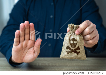 Financial danger warning. Businessman warns of danger. Risky investments. Fraud business. Mistakes and mistakes. Access blocking. Compliance with laws and regulations. Warn about incorrect actions. 115030217