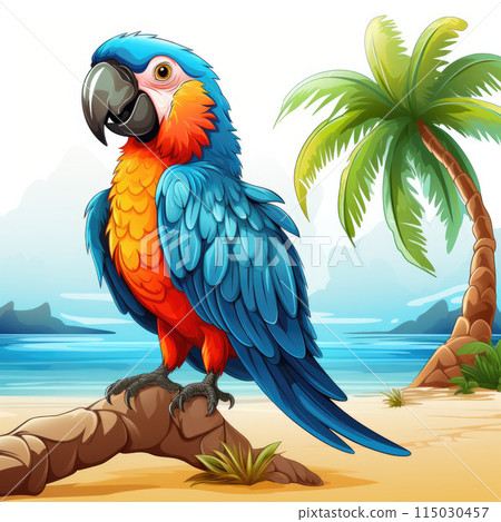Colorful parrot sitting on branch in tropical paradise setting 115030457
