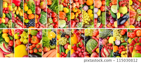 Large background of juicy fruits and vegetables separated by vertical lines. Large background of juicy fruits and vegetables separated by vertical lines. 115030812