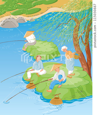 Vector illustration of people fishing under a willow tree by a cool stream on a hot summer day, depicting traditional Korea 115030887