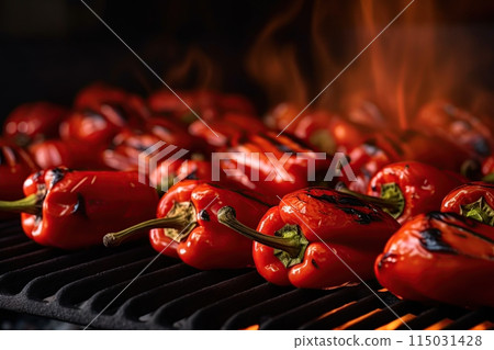 Red bell peppers grilled on bbq. Generative Ai image Red bell peppers grilled on bbq. Generative Ai image 115031428