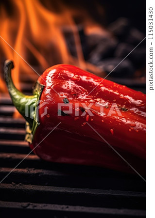 Red bell peppers grilled on bbq. Generative Ai image Red bell peppers grilled on bbq. Generative Ai image 115031430