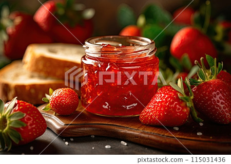 Homemade strawberry jam in a jar surrounded by fresh strawberries. Generative Ai Homemade strawberry jam in a jar surrounded by fresh strawberries. Generative Ai 115031436