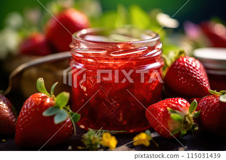 Homemade strawberry  jam in a jar surrounded by fresh strawberries. Generative Ai 115031439