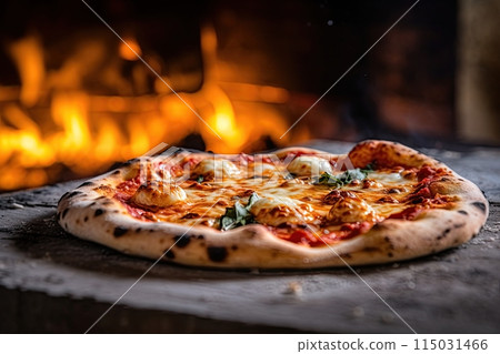 Italian pizza cooked in traditional italian wood fired oven. Generative Ai image 115031466