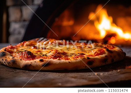 Italian pizza cooked in traditional italian wood fired oven. Generative Ai image Italian pizza cooked in traditional italian wood fired oven. Generative Ai image 115031474