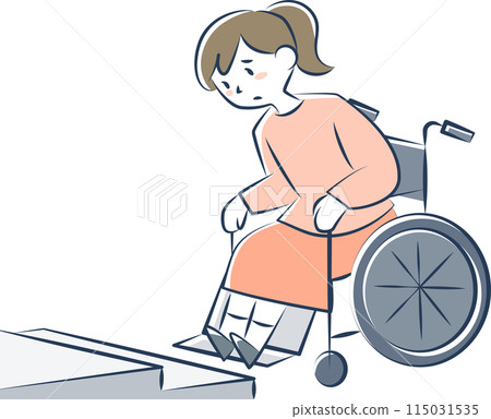 坐在輪椅上的年輕女子爬樓梯有困難 坐在輪椅上的年輕女子爬樓梯有困難 115031535
