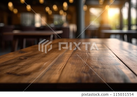 Empty wooden table surface with blurred background. For product display or montage. Generative Ai image 115031554