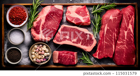Uncooked raw steaks with spices on the table. Flat lay, top view. Generative Ai 115031579