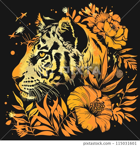 Tiger with flowers and leaves. Hand drawn vector illustration. T-shirt print design. 115031601