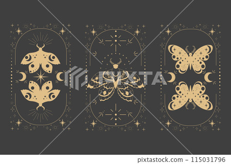 Magic sacred decoration cover, esoteric frame tattoo gold line border celelstial mystery esoteric decoration with moth or butterfly, sun, stars and moon on dark background. Magic sacred decoration cover, esoteric frame tattoo gold line border celelstial mystery esoteric decoration with moth or butterfly, sun, stars and moon on dark background. 115031796