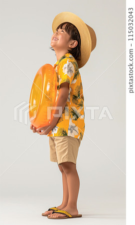 Smiling girl holding a swim ring, straw hat, aloha shirt, summer vacation 115032043