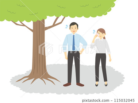 A set of illustrations of men and women in suits taking a break in the shade of a tree 115032045