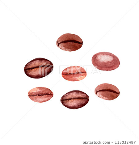 Black coffee, seven beans illustration in watercolor isolated on white background, hand drawn for food design. Great for spice containers, restaurant and cafe menu, natural organic food ads, labels 115032497