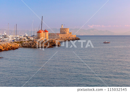 Windmills and Fort of Saint Nicholas, Rhodes, Greece Windmills and Fort of Saint Nicholas, Rhodes, Greece 115032545