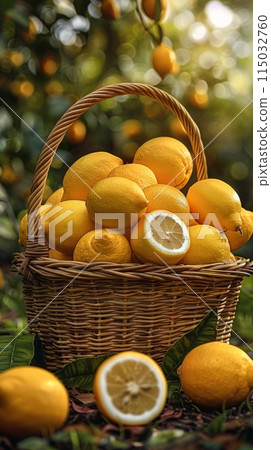 harvest of lemons in a basket in the garden. summer mood harvest of lemons in a basket in the garden. summer mood 115032760