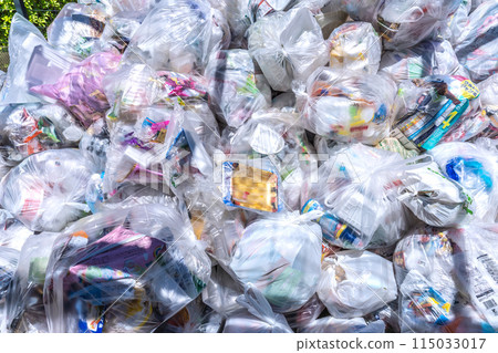 Yokohama cityscape in Japan - Garbage bags (plastic containers and packaging) pile up at the garbage collection site (garbage dump) = Yokohama city 115033017