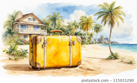 Watercolour Illustration yellow suitcase on a tropical resort is trip to the sea and beach in a warm summer climate, a vacation tour in hotel. AI generated 115033290