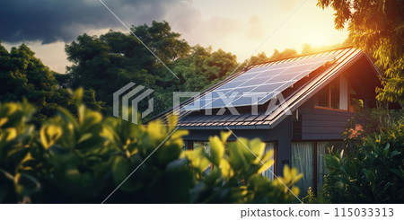The roof of a modern house with eco-friendly solar panels in harmony with nature, ecology, saving natural resources, alternative energy source. AI Generated 115033313