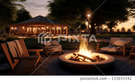 A modern picnic area with a campfire bowl in the courtyard of the house. Cozy place by the campfire, stone fire pit, outdoor furniture. AI generated 115033342