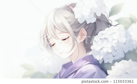 Watercolor illustration, woman, hydrangea, ephemeral, blooming, beautiful, flower, hydrangea, hydrangea 115033361