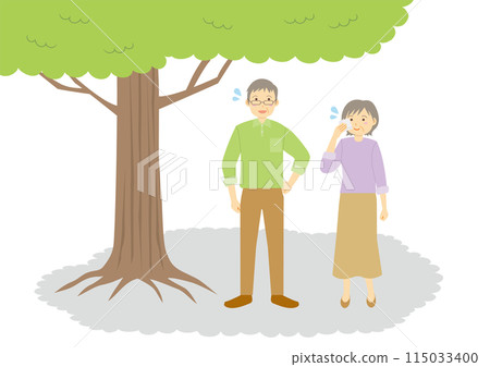 一群老年男女在樹蔭下休息的插圖 115033400