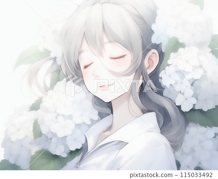 Watercolor illustration, woman, hydrangea, ephemeral, blooming, beautiful, flower, hydrangea, hydrangea 115033492